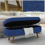 Oval Storage Bench 43.5" Linen Fabric Upholstered Entryway Bench with Solid Wood Legs Ottoman Bench Indoor Bench for Living Room/Bedroom/End of Bed/Entryway (Dark Blue)