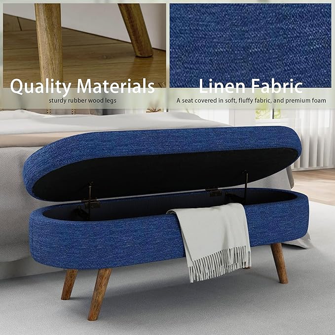 Oval Storage Bench 43.5" Linen Fabric Upholstered Entryway Bench with Solid Wood Legs Ottoman Bench Indoor Bench for Living Room/Bedroom/End of Bed/Entryway (Dark Blue)