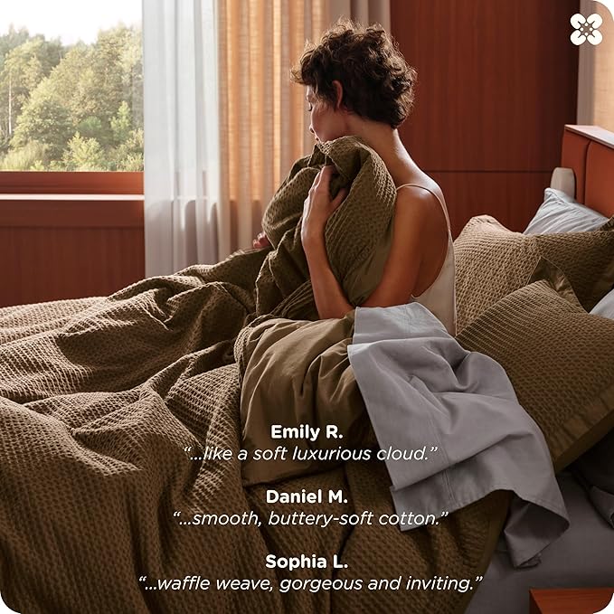 Bedsure Cotton Duvet Cover King - 100% Cotton Waffle Weave Brown Duvet Cover King Size, GentleSoft™ and Breathable Bedding Set for All Season, 3 Pieces, 104"x90"