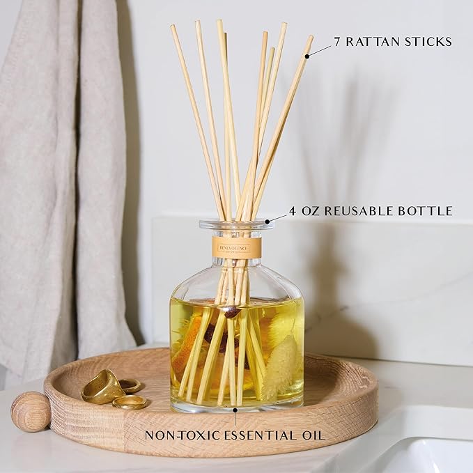 Benevolence LA Reed Diffuser, Orange, Cedarwood & Clove Scent Diffuser for Home with Oil Diffuser Sticks | Sun Kissed Collection Diffusers for Home