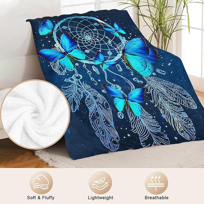 Blue Butterfly Blanket for Womens Girls Dream Catcher Throw Blanket Gifts for Kids Boys Soft Warm Cozy Flannel Blanket for Couch Sofa Bed 50"x60"