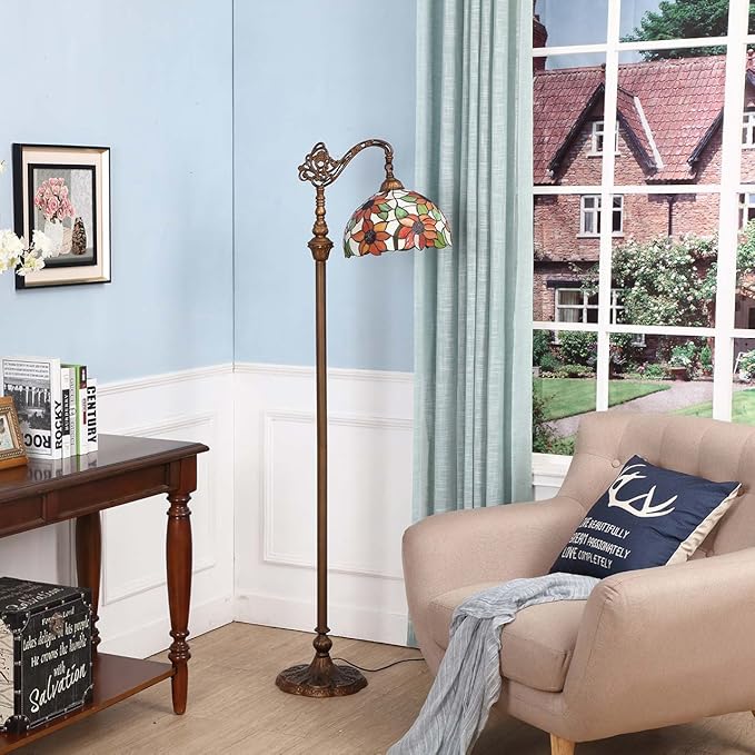 Bieye L10515 Orange Sunflower Tiffany Style Stained Glass Reading Floor Lamp with 12 inch Wide Shade, Light Direction is Adjustable, 65 inch Tall