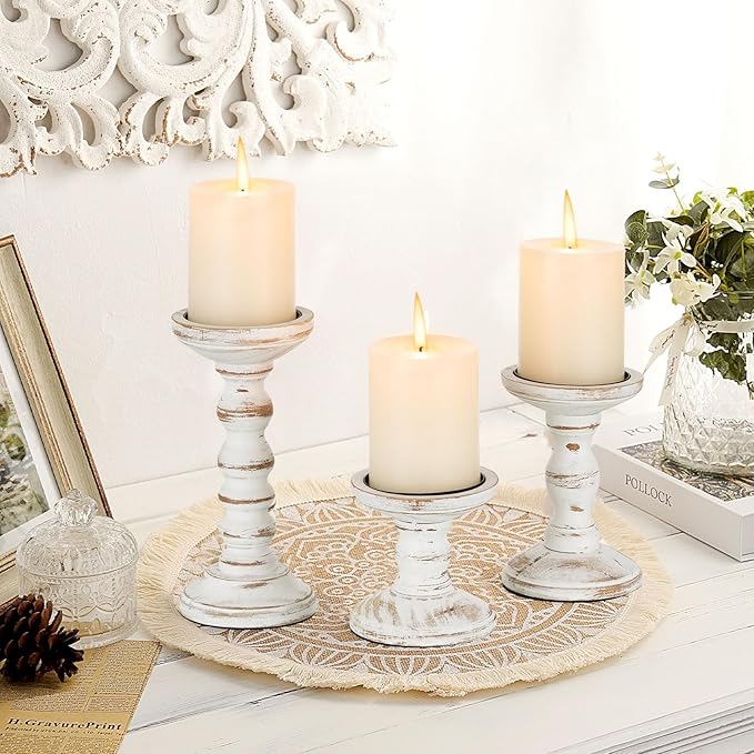 Romadedi Wood Candle Holders for Pillar Candles - Set of 3 Tall Farmhouse Wooden Candlestick Holder, Rustic Candle Stand for Fireplace Mantle Shelf Table Home Decor, Brown Whitewashed 3.9"/6"/ 8.3"
