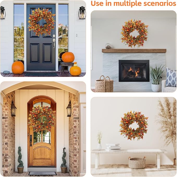 22 inch Artificial Fall Wreaths for Front Door,Autumn Wreath with Pumpkin and Maple Leaves Suitable for Indoor Outdoor Wall Porch Harvest Festival Thanksgiving Day Farmhouse Holiday Decor.