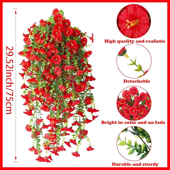 Artificial Hanging Flowers – 4 Pack UV Resistant Fake Morning Glory Vine Faux Plants for Porch, Patio, Balcony, Garden, Indoor & Outdoor Decor (Red)