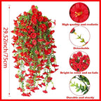 Artificial Hanging Flowers – 4 Pack UV Resistant Fake Morning Glory Vine Faux Plants for Porch, Patio, Balcony, Garden, Indoor & Outdoor Decor (Red)