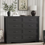 Dresser for Bedroom with 8 Drawers, 48" Wide Wood Chest of Drawers with Deep Drawers & Mental Handle, Modern Dresser TV Stand, Wooden Closet Storage Organizer for Living Room, Hallway, Entryway, Black