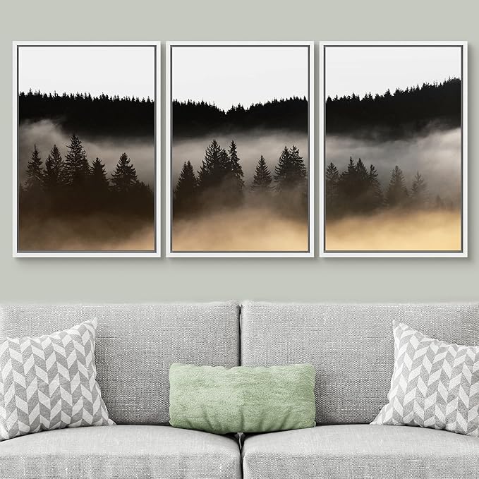 SIGNWIN Framed Canvas Print Wall Art Woodland Nursery Decor Set Misty Dark Mountain Forest Silhouette Nature Wilderness Modern Art Rustic Landscape for Living Room, Bedroom, Office - 16"x24"x3 White