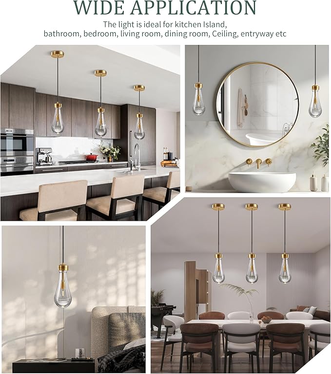 Espird Raindrop Pendant Lights - Brass Pendant Lights Kitchen Island, Teardrop Island Lights for Kitchen Set of 3 Modern Chandelier Pendant Light for Bedroom Bathroom Living Room