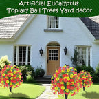 22.8" Set of 2 Fall Artificial Boxwood Topiary Ball Tree for Outdoors with Spike UV Resistant Fake Shrubs Outdoor with Morning Glory Flowers,Faux Plants Bushes for Garden Porch Yard Patio Decor-YR