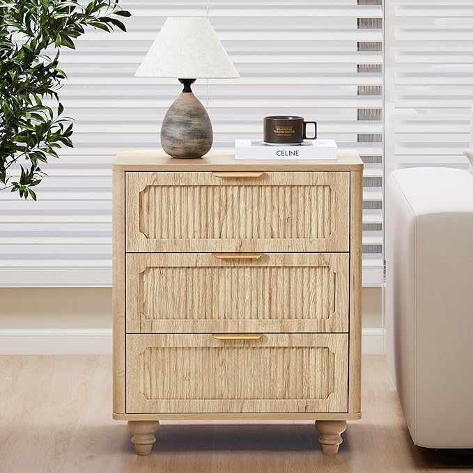 Fluted Nightstand Set 2 22.9'' Wood Nightstands with Drawers Bedside Table Set of 2 Mid Century Drawer Dresser for Bedroom Living Room Natural