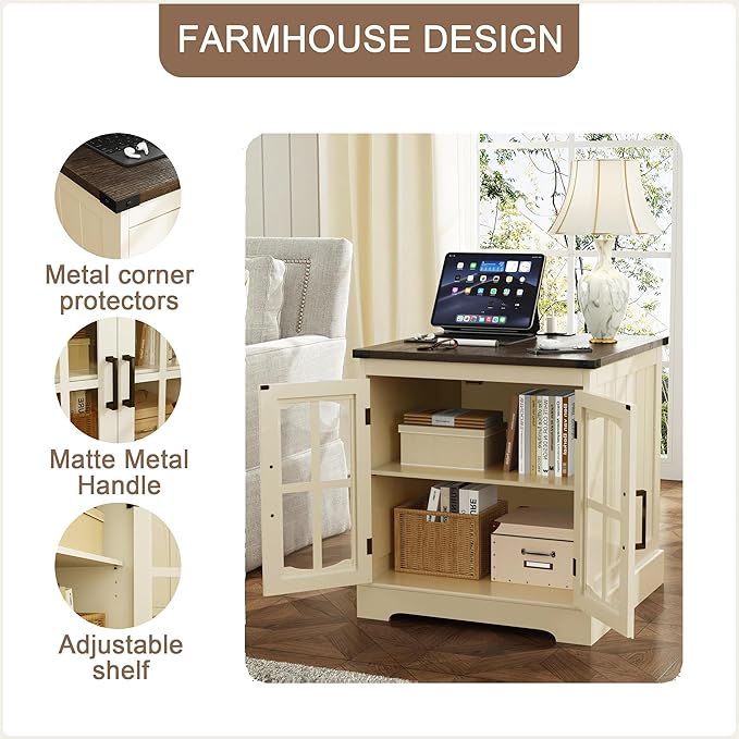 ChooChoo Farmhouse End Table Set of 2, 24" Large Sofa Side Table with Charging Station & LED Light, Nightstand with Adjustable Storage Shelf for Living Room Beige (Cream Mix with White)
