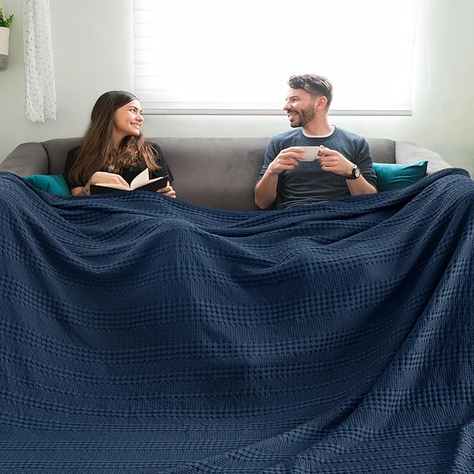 PHF Cooling Waffle Blanket California King Size, Lightweight 60% Rayon Derived from Bamboo & 40% Cotton Breathable Blanket for Hot Sleepers, Soft and Luxury for Bed Couch and Sofa, 110"x96", Navy Blue