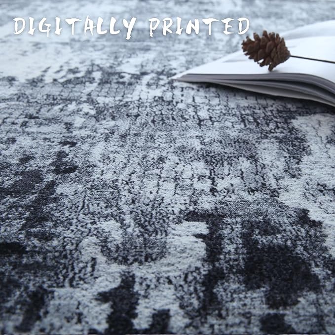 Rugcomf 8x10 Area Rug Washable Boho Rug Soft Non-Slip Non-Shedding Faux Wool Vintage Rug for Living Room, Farmhouse, Dining Room, Indoor, Kids Playroom, Grey and Black