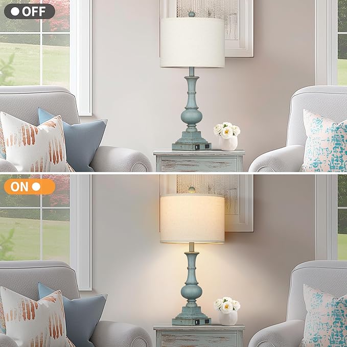 Farmhouse Table Lamps Set of 2, 26" Vintage Rustic Touch Control 3-Way Dimmable Bedside Lamp with USB A+C Ports & AC Outlet, Blue Nightstand Lamp for Living Room Bedroom End Table(LED Bulbs Included)