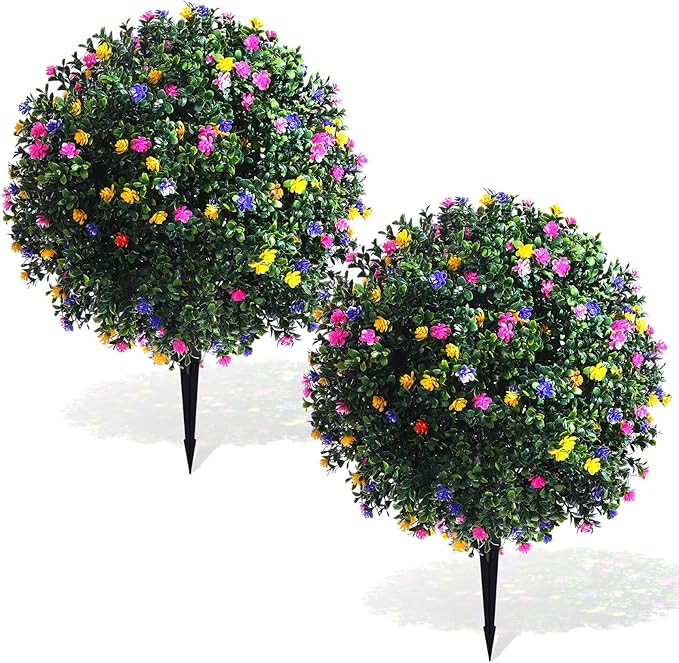 Yunlly Set of 2 Artificial Boxwood Topiary Ball Tree Fake Bushes Shrubs Outdoor Faux Plant with Ground Spike Flowers UV Resistance Greenery for Front Porch Garden Patio Indoor(Multicolor,27x18inch)