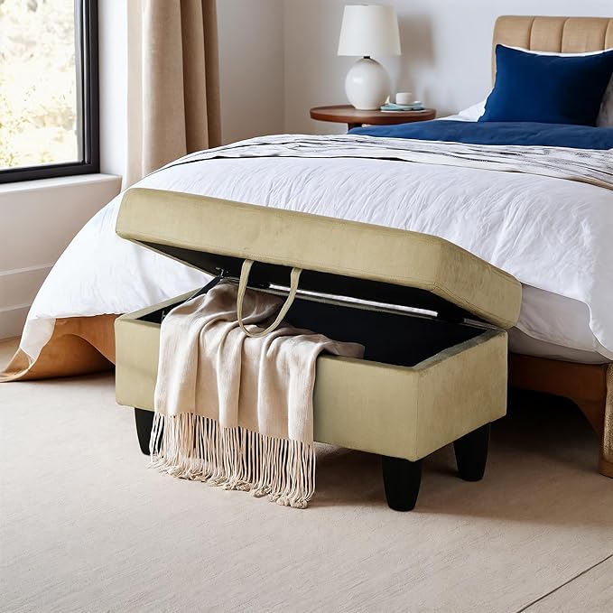 Ottoman Rectangular Storage Ottoman Bench, Flannel Footrest Stool Footstool with Lid for Living Room, Bedroom, Entryway, Light Brown, 28.5"x19"x17.5"