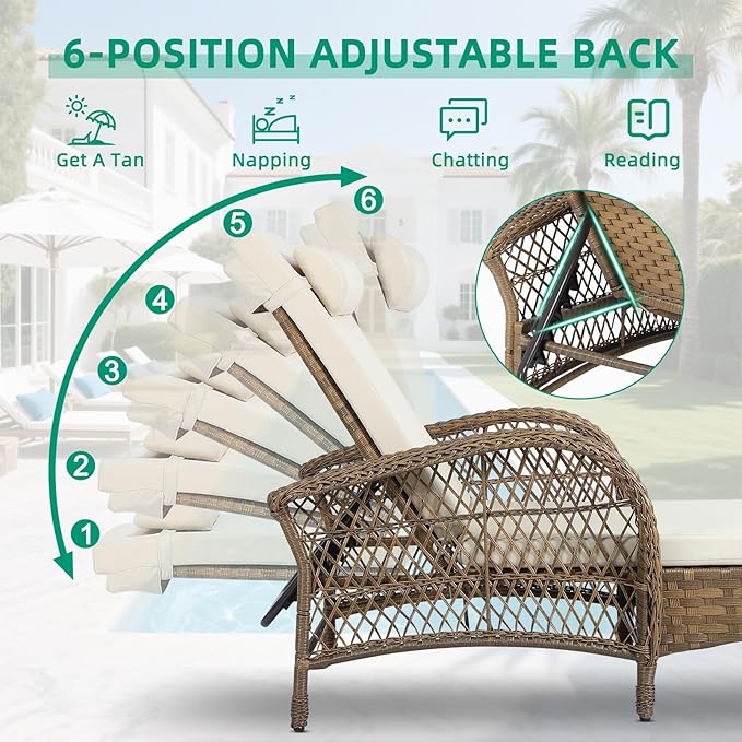 VIVIJASON Outdoor Wicker Chaise Lounge Chair, All-Weather PE Rattan Cushioned Patio Lounger Set with Side Table, 6-Position Adjustable Outside Pool Sunbathing Recliner with Armrest & Pillow, Beige