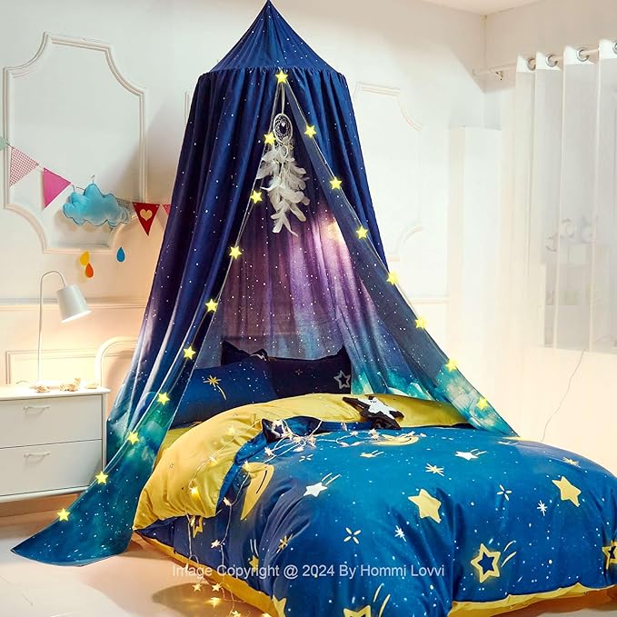 Ocean Print Kids Bed Canopy, Girls Princess Canopy Dreamy Room Decor, Soft Hanging Reading Nook Play Tent Canopy, Extra Large Full Size Bed Canopy with String Light