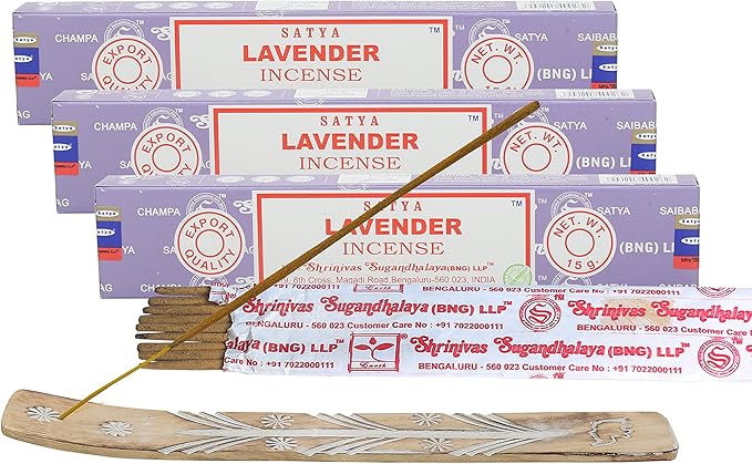 Satya Lavender Incense Sticks, Satya Bng (Bangalore) Insenses 15gmx3 Pack (45 GMS) with Raajsee Incense Holder Bundle, Satya Nagchampa Natural Incense