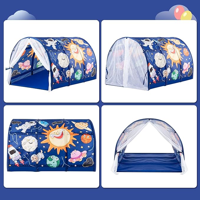 Bed Tent for Kids with LED Strip Lights Toddler Bed Tent Foldable Game House for Children Play Tents for Girls Boys Sleeping Canopy Playhouse (Dark Blue - Space)