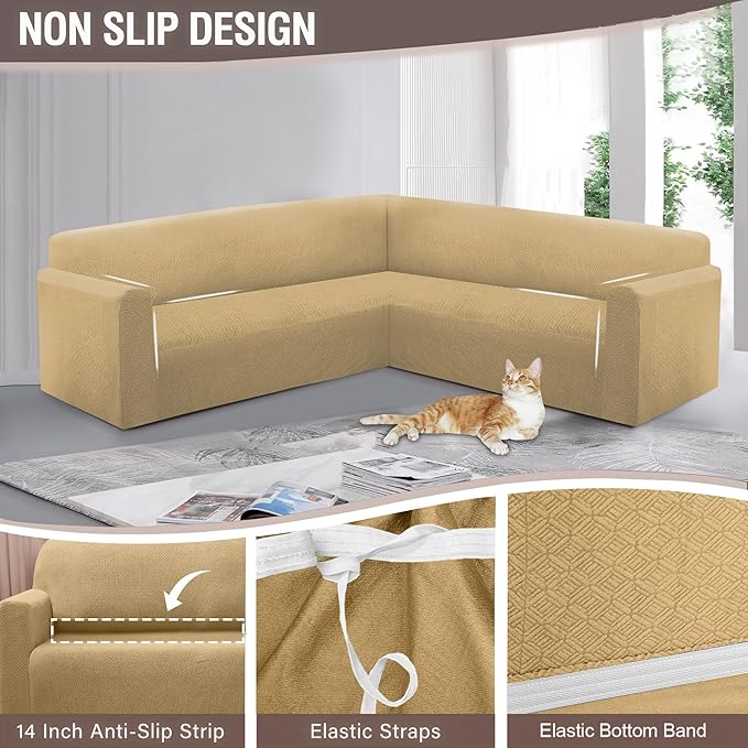 HDCAXKJ Sectional Couch Cover L Shape Stretch Sofa Covers Washable Jacquard Corner Couch Slipcover Non Slip Sectional Slip Cover U Shaped Furniture Protector for Pets Dogs (Tan, Large)