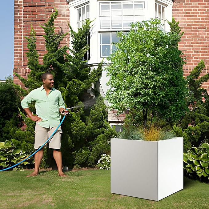 White Steel Planter Square Outdoor Planters Galvanized Steel Planter Box Indoor Metal Large Planters Cube Heavy Duty Flower Pot 32 Inch Modern Commercial Residential for Trees Patio Deck Yard Garden
