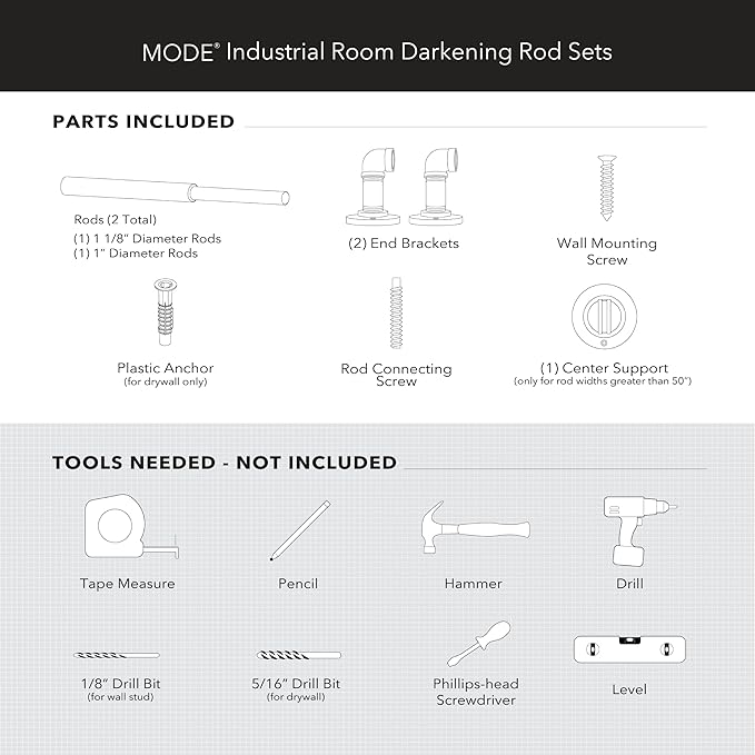MODE Industrial Room Darkening Collection 1 1/8” diameter Industrial Curtain Rod Set with Steel Wall Mounted Expandable Curtain Rod, Blocks Light, Fits 36” to 72” Windows, Graphite