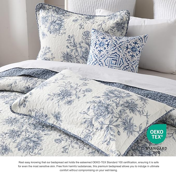 DDUOXIN Botanical Oversized King Bedspread - 120" W x120 L Extra Wide 100% Cotton California Quilt, Lightweight Reversible Oversize Bedspreads with 2 Pillow Shams, Blue/Cream