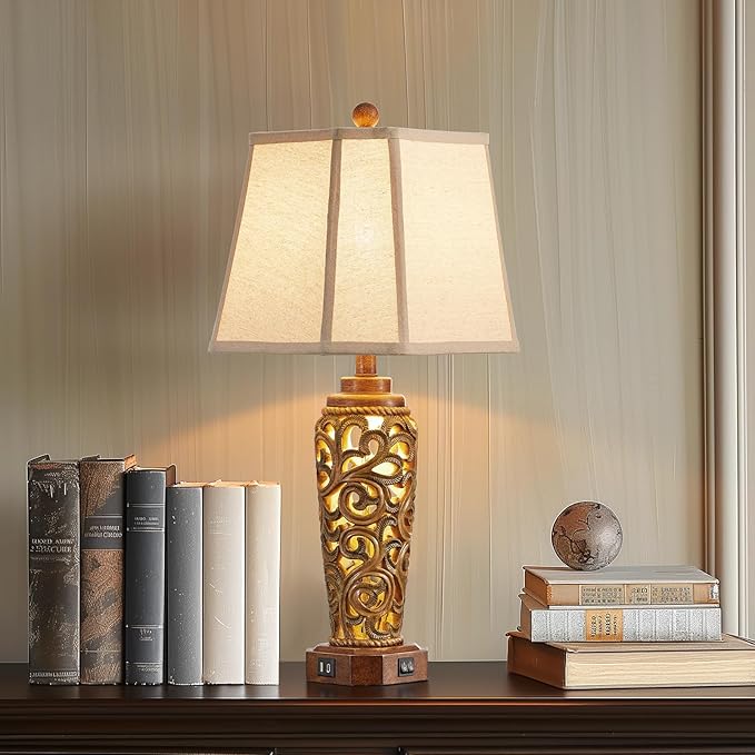 27" Set of 2 Farmhouse Table Lamps for Living Room Bedroom, Rustic Bedside Lamp with USB A+C Ports, Red Brown Resin Vintage Nightstand Lamps with Night Light, 2 Bulbs Include