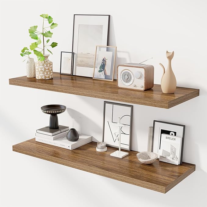 Dreamland 40" Floating Shelves for Wall, 12" Deep Slim Walnut Floating Shelves, Wall-Mounted Shelves for Bedroom, Living Room, Kitchen, Bathroom - Set of 2