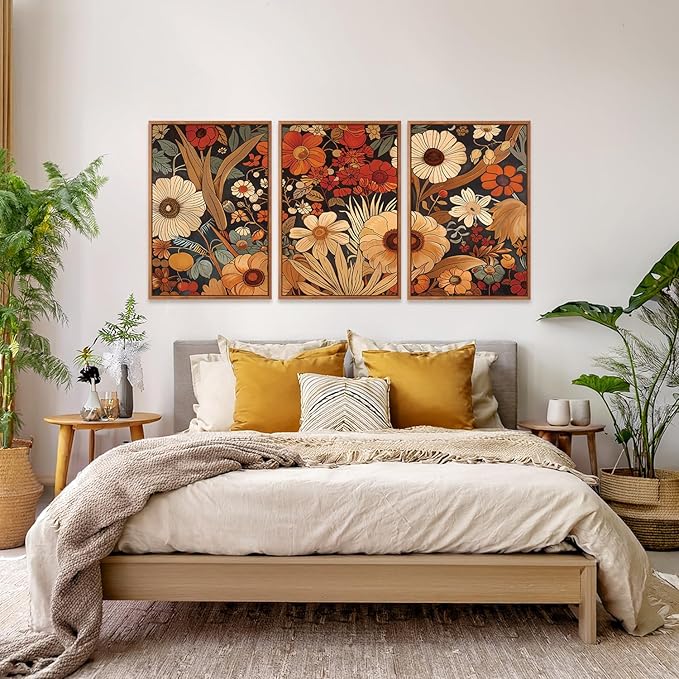 Aurlan Boho Burnt Orange Terracotta Wildflowers Framed Wall Art(24"x36"), 3 PCS Abstract Floral 3D Textured Canvas Artwork, Large Modern Vintage Botanical Nature Art Wall Decor for Home Office Living Room Bedroom
