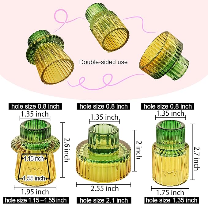 Double Sided Vintage Ribbed Taper Glass Candle Holders,Tea Candle Holder for Table Centerpieces, Wedding Decorations and Dinner Parties (Yellow Green, 6 PCS)