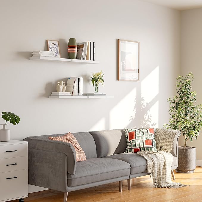 16’’White Floating Shelves for Wall Set of 4,Rustic Wood Shelf for Room Decor/Storage/Display,Small Bookshelf,Wall Mounted Hanging Shelves for Bedroom, Bathroom, Living Room, Kitchen