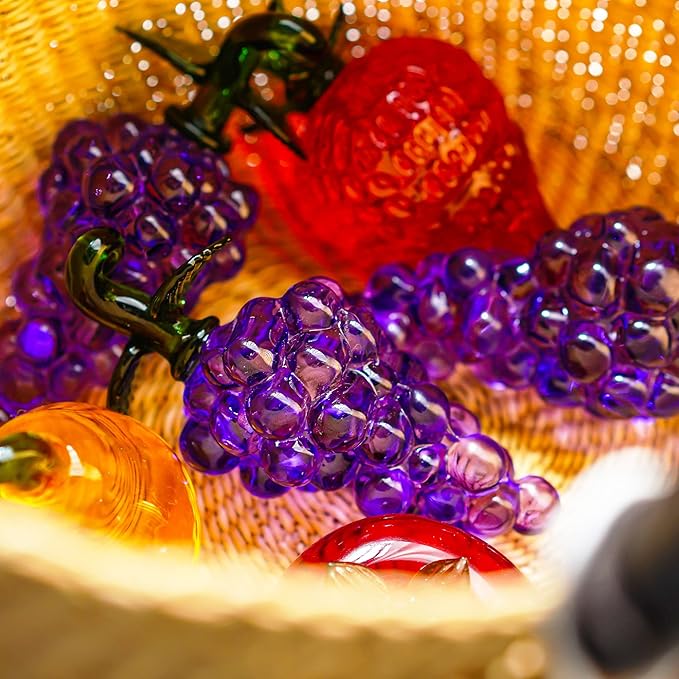 Handmade Glass Purple Grape Figurine Collectibles Crystal Fruit Ornament Decoration Art Glass Grape Miniature for Home Office Birthday for Mum