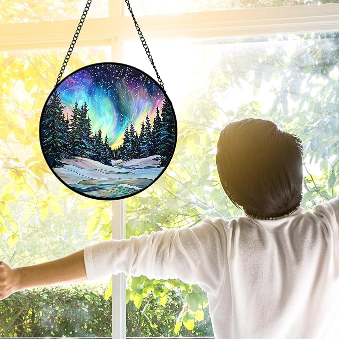 Stained Glass Window Hanging, Aurora Landscape Sun Catchers Glass Panel Green Trees Suncatcher Decor for Birthday for Women, Men, Wife, Aunt, and Mom 9.8 in