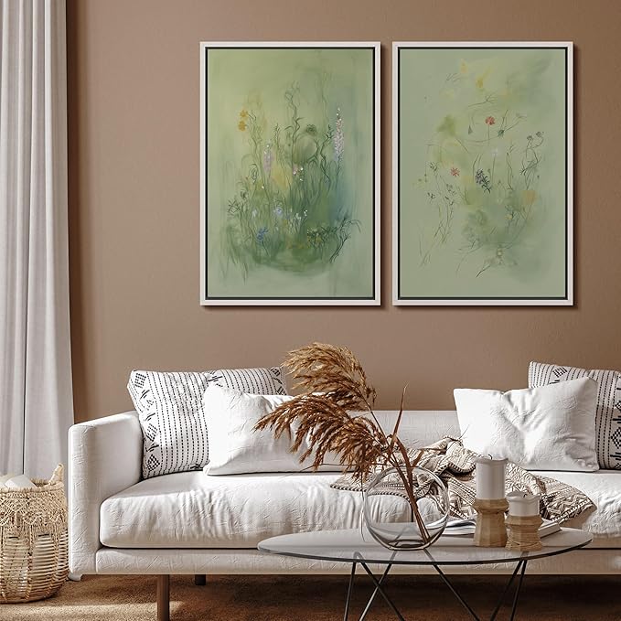 SIGNFORD Framed Canvas Print Wall Art Set Whimsical Green Wildflower Illustration Modern Art Decorative Nordic Nature for Living Room, Bedroom, Office - 24"x36"x2 White