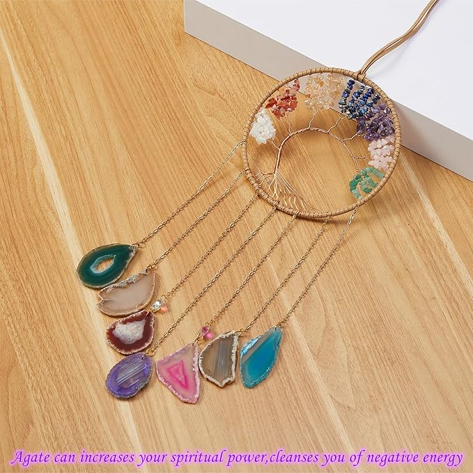 Rainbow 7 Agates Gemstone Dream Catcher 7 Chakras Tree of Life Dream Catcher with Healing Crystal Stones Handmade Dreamcatcher Wall Decor for Adults Boys Girls,Bedroom,Wedding,Garden,Bless Gift