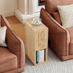 Narrow Nightstand with 2 Drawers, Small Bedside Tables, Mid-Century Modern Slim Night Stand with Storage, Wooden End Table for Small Spaces, Bedroom, Living Room (Natural-1PCS)