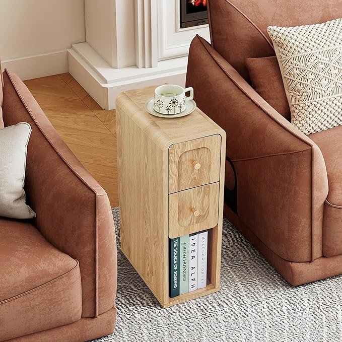 Narrow Nightstand with 2 Drawers, Small Bedside Tables, Mid-Century Modern Slim Night Stand with Storage, Wooden End Table for Small Spaces, Bedroom, Living Room (Natural-1PCS)