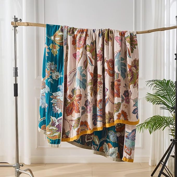 Summer Boho Throw Blanket for Bed, Multi Reversible Blanket Washable Breathable,Lightweight 4-Layer King Size Quilt for Bed,Floral Birds, 100% Cotton Muslin Large Travel Throw Blanket,90"x98"