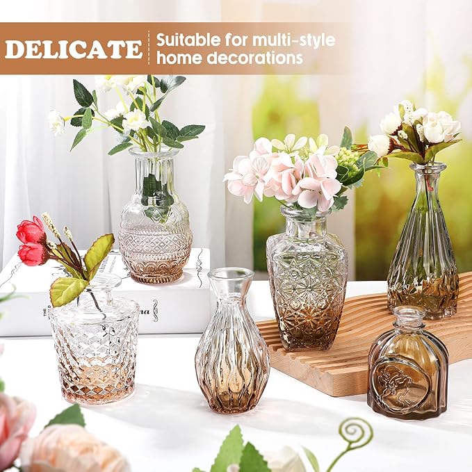 20 Pcs Glass Bud Vase Set Small Vintage Flower Vase in Bulk for Centerpieces Rustic Decorative Glass for Wedding Table Home Christmas Decoration (Amber)