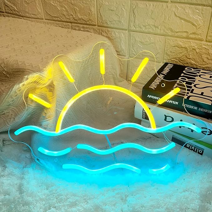 Sunset Sunrise Neon Sign Sun on The Sea Neon LED Light Sign for Wall Decor Wave Neon Light up Sign Beach Home Decor Aesthetic for Teen Girls Bedroom Game Room Decor Ocean Sun Night Light Wedding