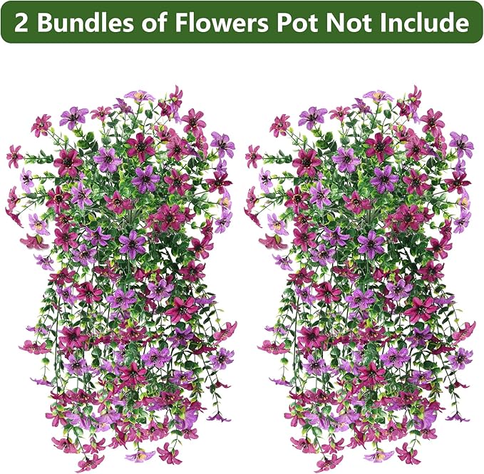 Artificial Faux Hanging Flowers Plants for Outdoor Summer Decoration, 2 PCS Fake Silk Flowers for Outside Daisy Planter UV Resistant Look Real for Patio Porch Home Decor(Mix Purple)