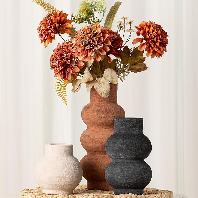Ceramic Vase Home Table Decor - Flower Vase Set of 3 Living Room Kitchen Decorations Farmhouse Modern Rustic Vases Decorative Centerpiece for Shelf Bedroom Office Bathroom Dining Coffee Desk