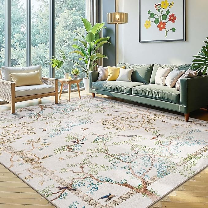 jinchan Botanical Birds 6x9 Ivory Area Rugs for Living Room Washable Non Slip Soft Nature Plants Modern Kids Carpet Vintage Ultra Thin Low Pile Indoor Rug for Bedroom Dining Room Nursery Playroom