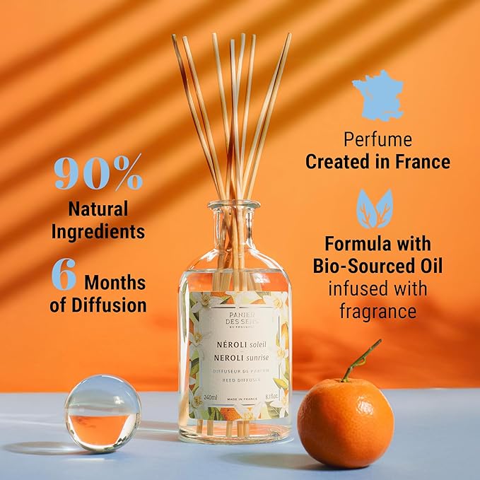 Panier des Sens - Neroli Luxury Reed Diffuser 8.1 fl.oz – Long Lasting Fragrance 5+ Months - Elegant Home Fragrance in Glass Bottle - Oil-Based Scent Diffuser Made in France - 90% Natural Ingredients