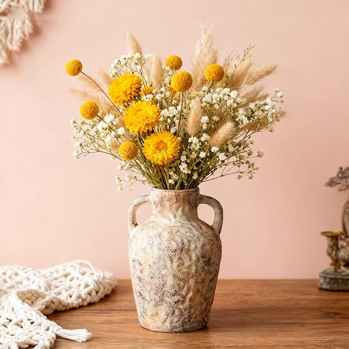 Vintage Wabi Sabi Ceramic Vase – Farmhouse Flower Vase with Handle, Rustic Decorative Pot for Entryway, Shelf, Floral Arrangement, Boho Home Decor