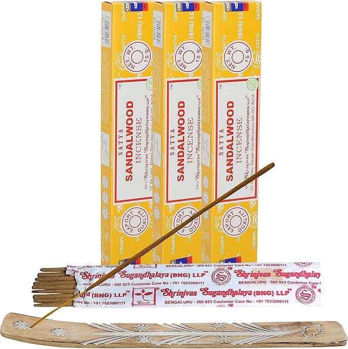 Satya Nagchampa Sandalwood Incense Sticks, Satya Bng (Bangalore) Insenses 15gmx3 Pack (45 GMS) with Raajsee Incense Holder Bundle, Satya Nagchampa Natural Incense
