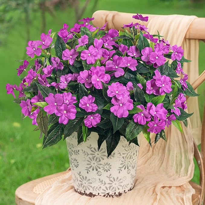 Artificial Impatiens Bouquet Flowers for Outdoors Silk Faux Flowers for Outdoor Impatiens Plants Decor Indoor Planters Kitchen Planters and Balcony Decorations 4PCS (Purple)